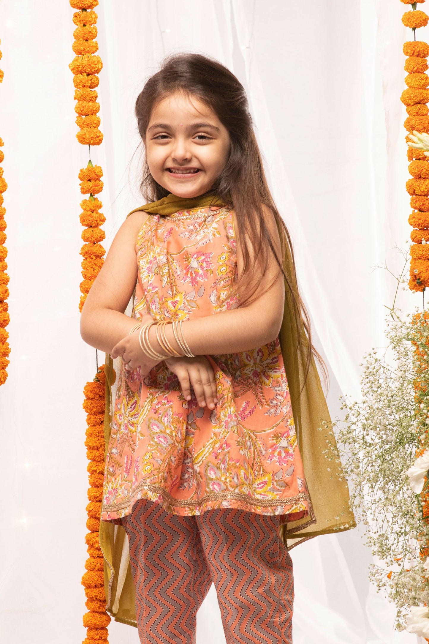 Girls Peach Printed Floral Suit Set