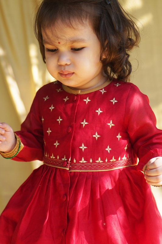 Baby Girl Red Chanderi Buta Angrakha Set
