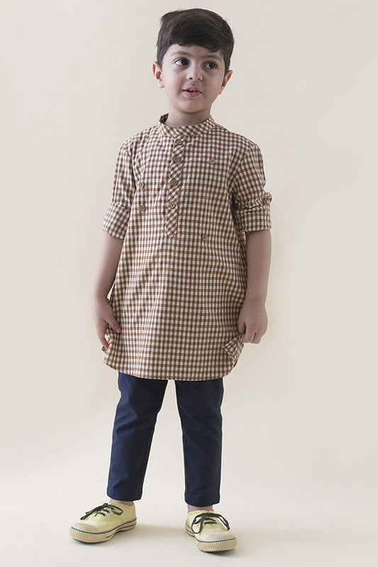 Boy Brown Checks Kurta With Felt Toys