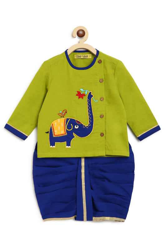 Baby Boy Green Elephant Dhoti Set
