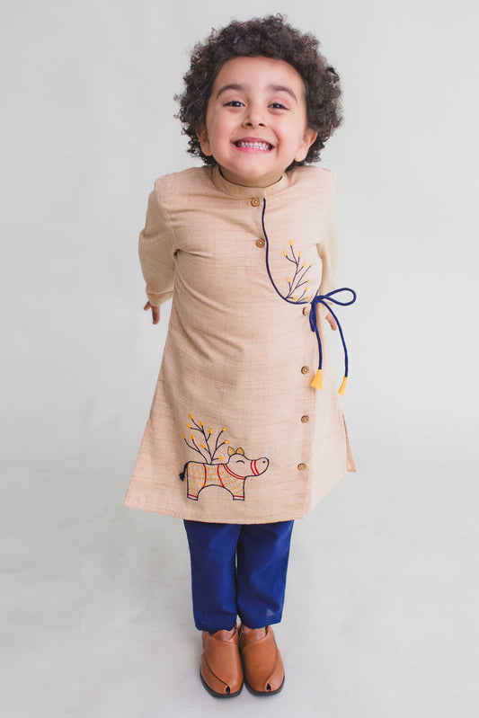 Boy Beige Gond Rhino Kurta Set