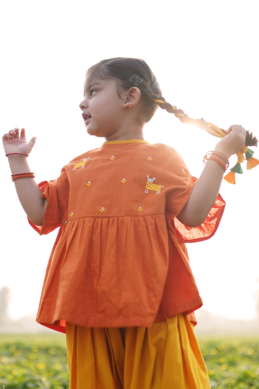 Girls Orange Phulkari Deer Top Set