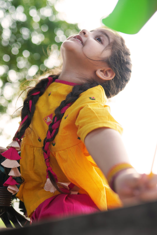 Girls Yellow Phulkari Fish Top Set