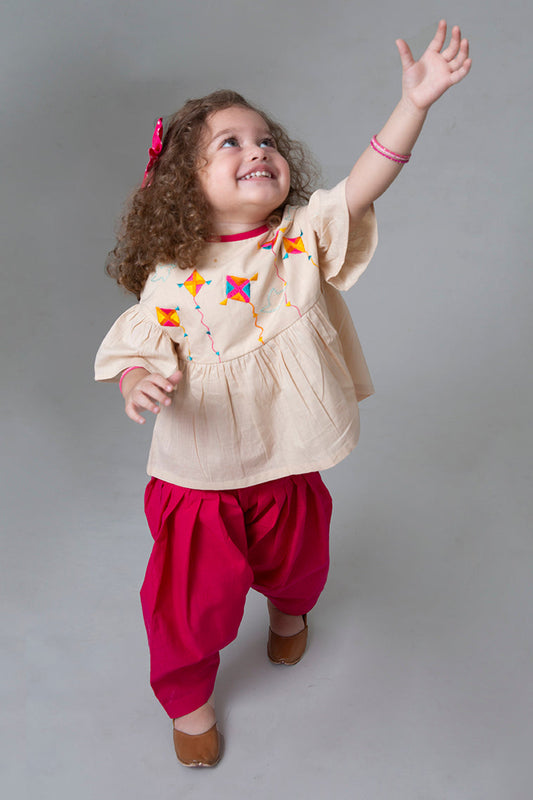 Girls Beige Phulkari Kite Top Set