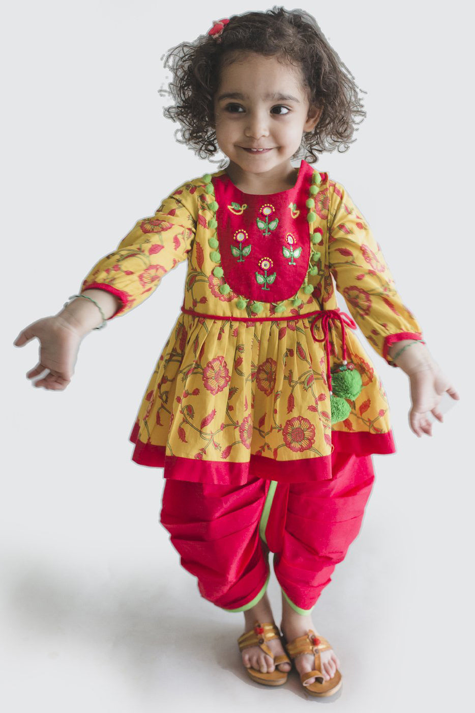 Girl Yellow Pink Jaal Angrakha Dhoti Set