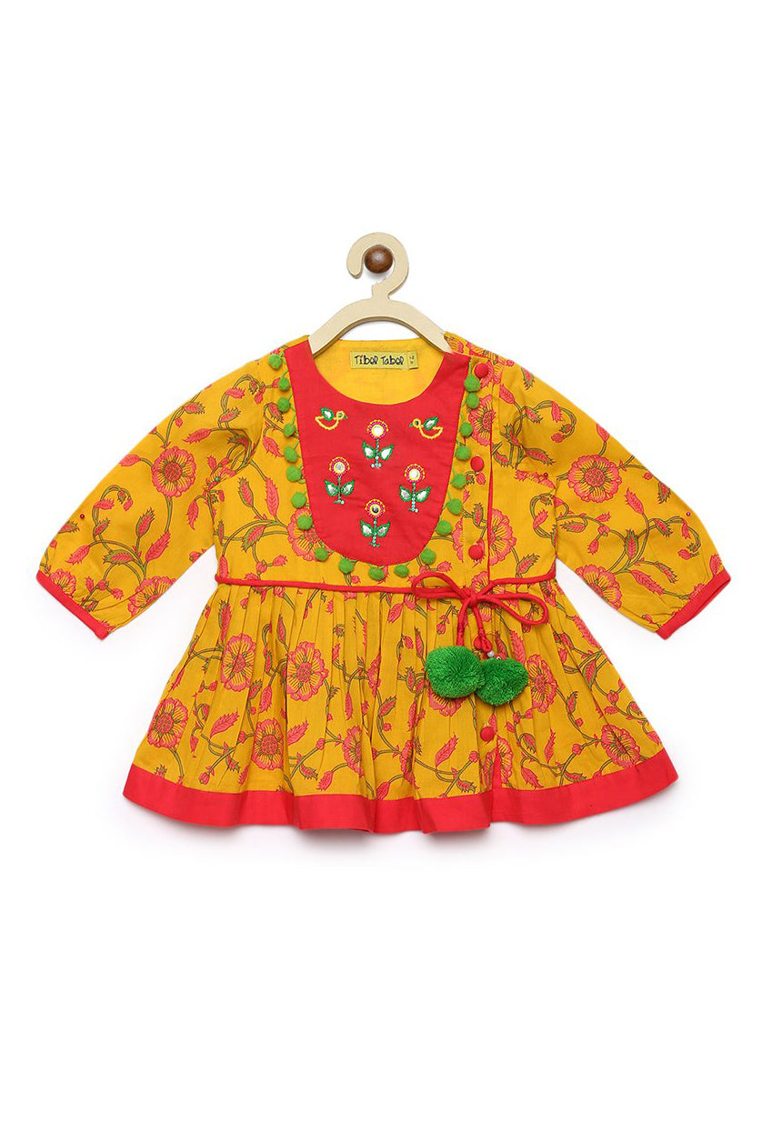 Girl Yellow Pink Jaal Angrakha Dhoti Set