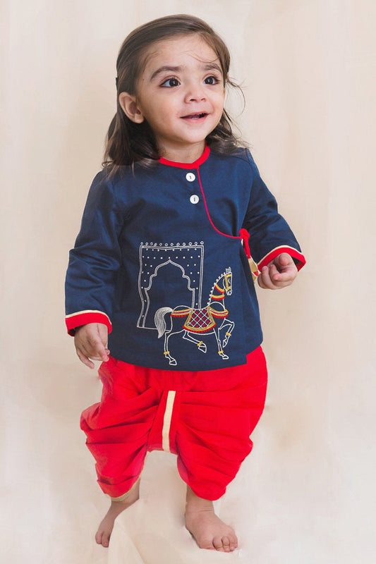 Baby Boy Blue Embroidered Horse Dhoti Set