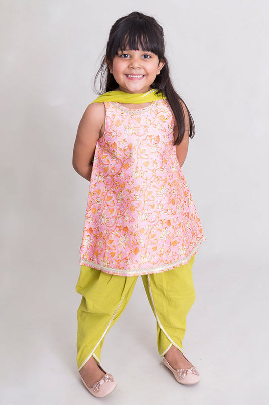 Girls Pink Lotus Print Suit Set