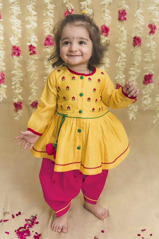 Baby Girl Yellow Silk Buta Angrakha Set