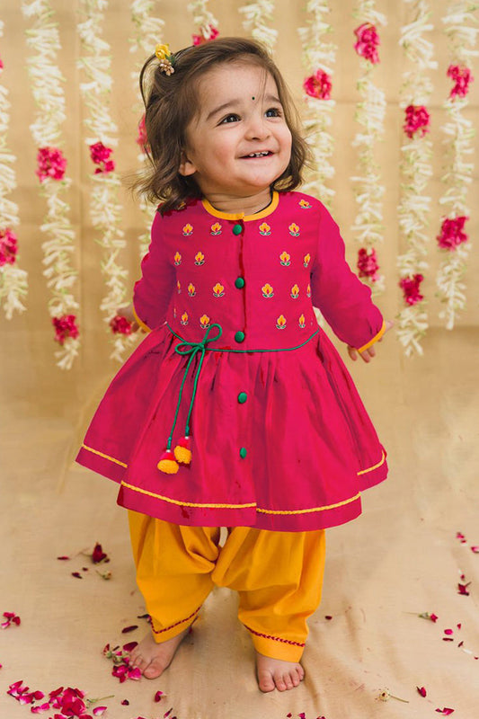 Baby Girl Pink Silk Buta Angrakha Set