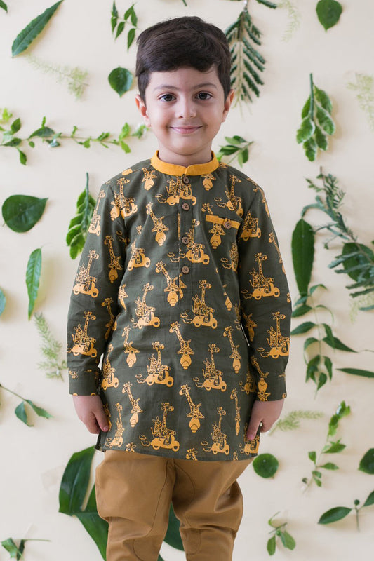 Boy Jungle Print Olive Kurta Shirt