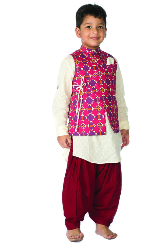 Boy Maroon Moroccon Print Bundi Set
