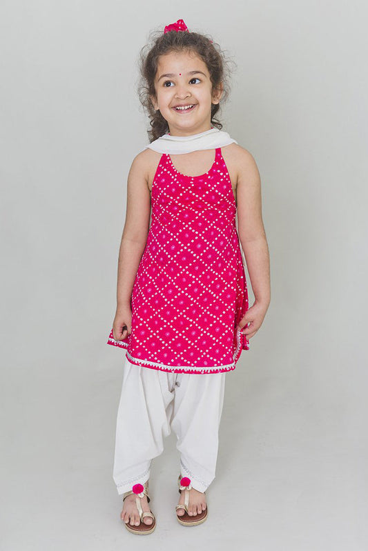 Girls Pink Bandhani Suit Set