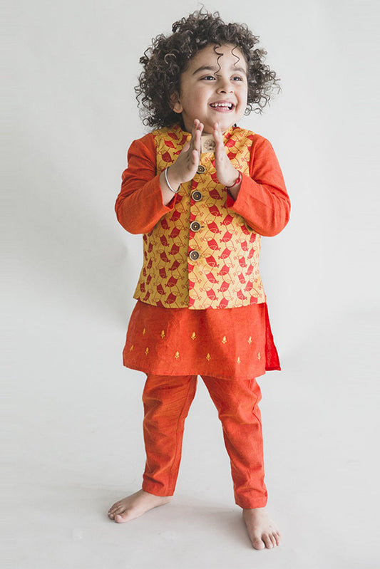 Boy Mustard Bird Bundi 3 Pc Kurta Set